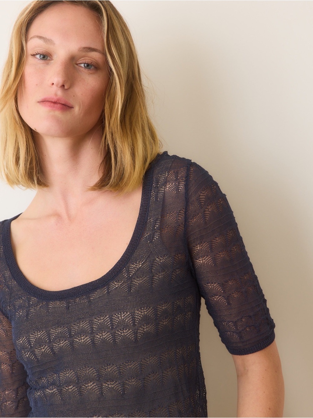 NWT Marine Layer Sheer Knit Scoop Neck Top in Navy Blue
